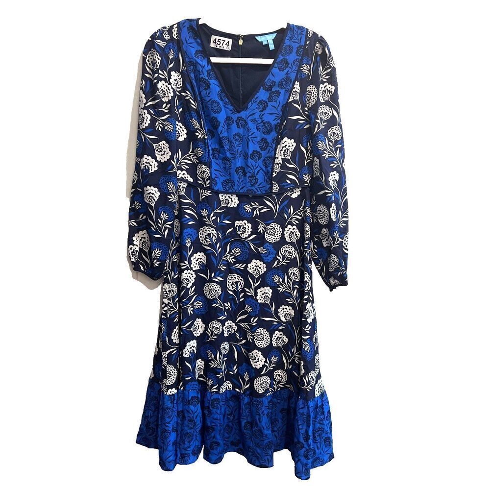 Draper James Women Silk Blue Maxi Dress 4 Floral Zip Tiered Long Sleeve Preppy